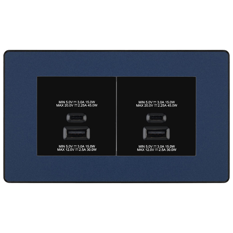 BG Evolve Matt Blue 4G Faceplate with 45W USB A+C Charger Modules – Black Insert