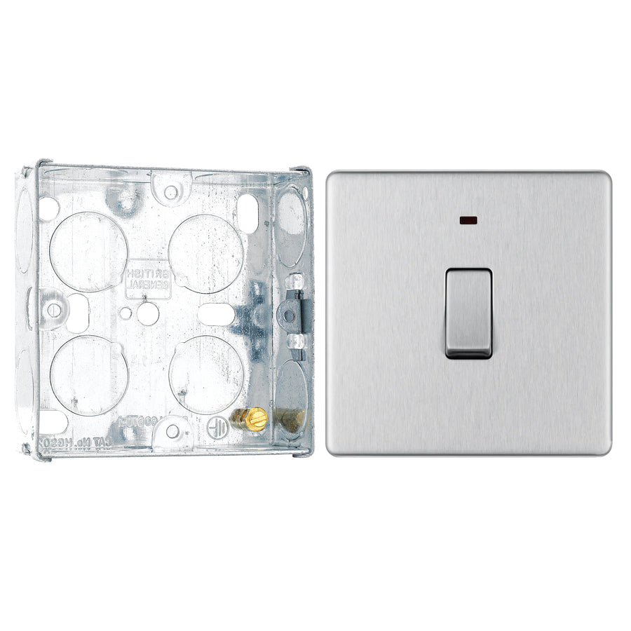 BG Screwless Brushed Steel 20A 2 Pole Neon Switch FBS31 with 25mm Steel Back Box