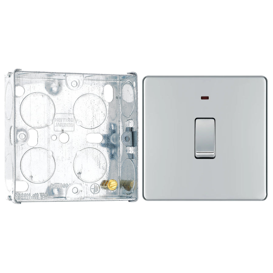 BG Screwless Polished Chrome 1 Gang 20A 2 Pole Neon Switch FPC31 with 25mm Steel Back Box