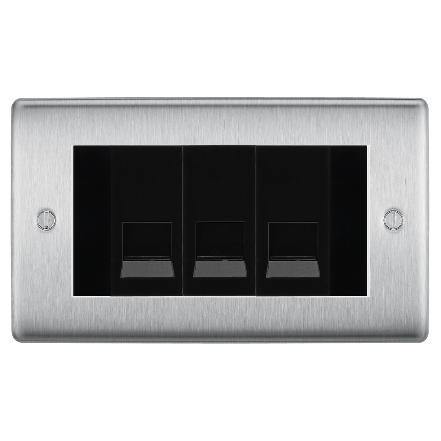 BG Nexus Brushed Steel 3 Gang Master Telephone Socket – Black Insert
