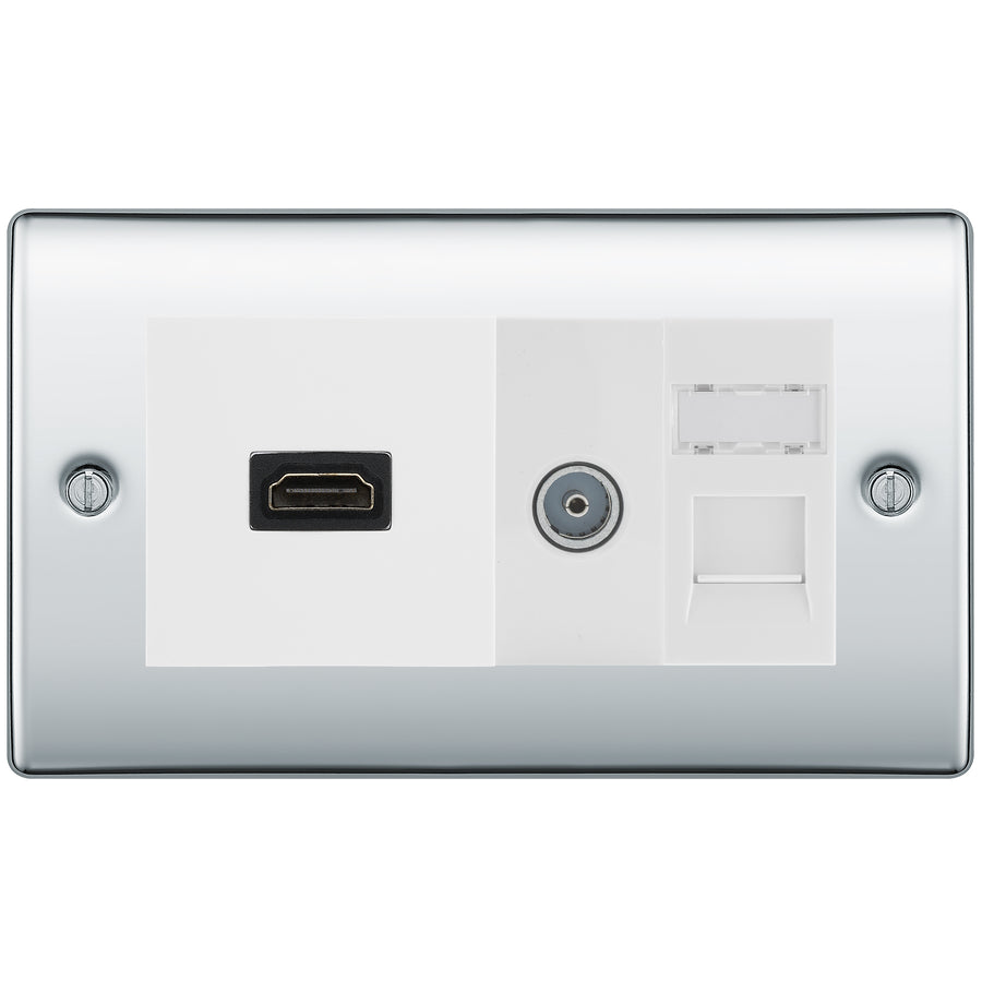 BG Nexus Polished Chrome Media Wall Plate TV Aerial, HDMI & CAT6 Outlet - White Insert