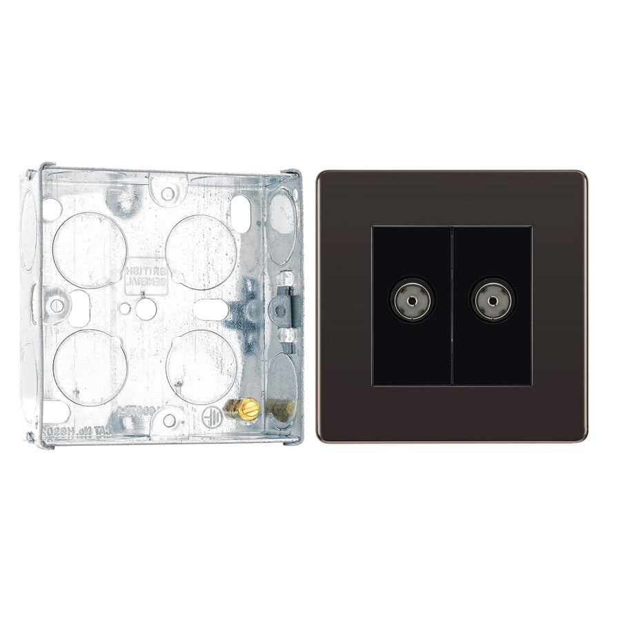 BG Screwless Black Nickel 2 Gang Isolated Coaxial Socket FBN63 with 25mm Steel Back Box