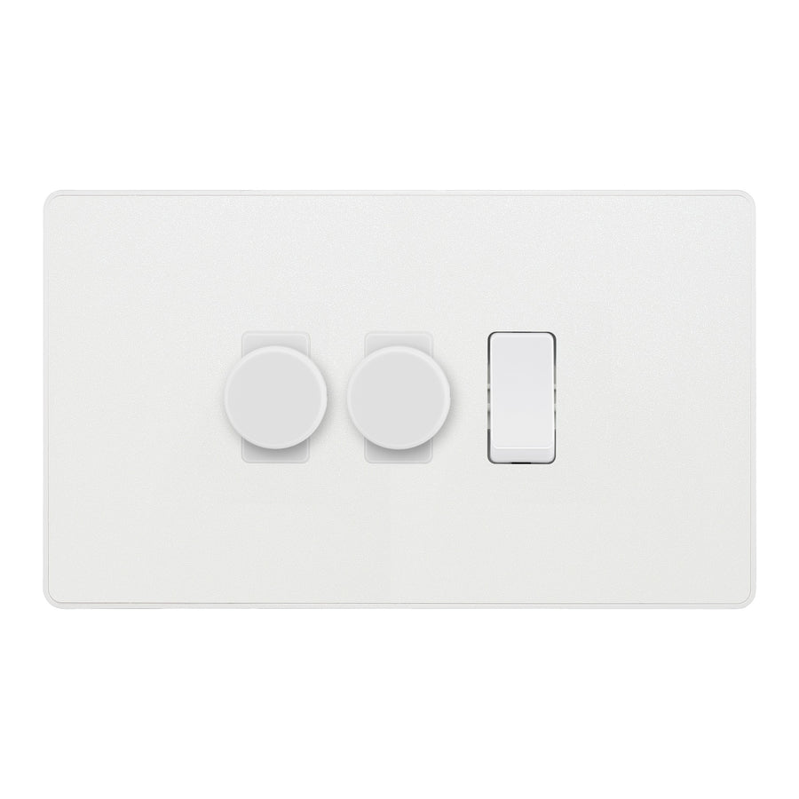 BG Evolve Pearlescent White 3 Gang Light Switch 2x Trailing Edge LED Dimmer 1x 2 Way Custom Switch