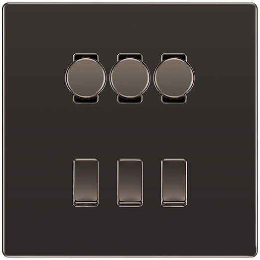 BG Screwless Black Nickel 6 Gang Switch 3x Trailing Edge LED Dimmer 3x Intermediate Custom Grid Switch