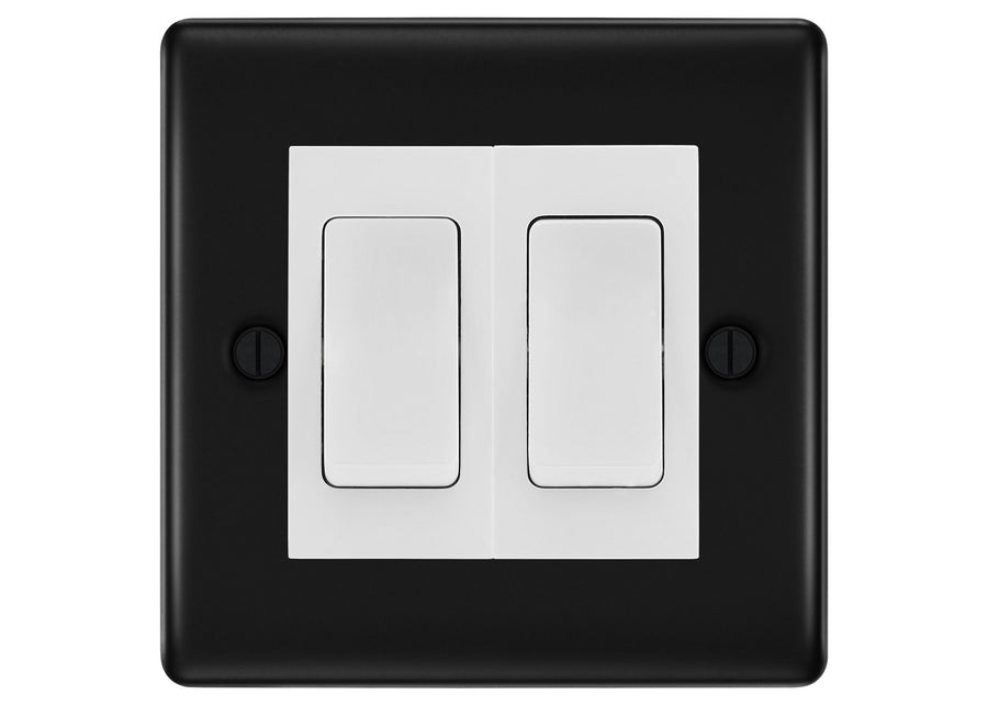 BG Nexus Matt Black 2-Gang Light Switch 1x 2-Way + 1x Intermediate – White Inserts
