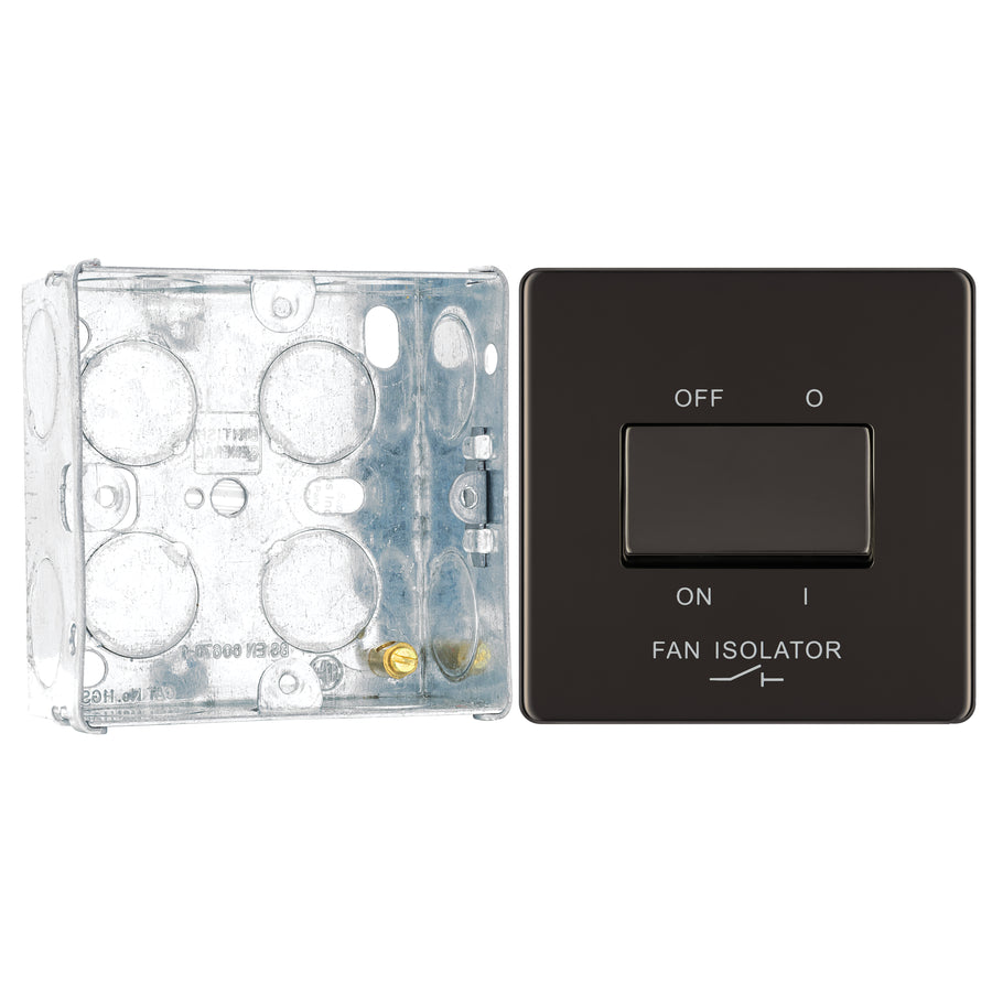 BG Screwless Black Nickel 1 Gang 10A 3 Pole Fan Isolator Switch FBN15 with 35mm Steel Back Box