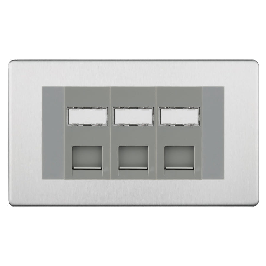 BG Screwless Brushed Steel 3 Gang RJ45 CAT6 Data Socket Grey Inserts