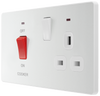 PCDCL70W Side - This Evolve pearlescent white 45A cooker control unit from British General includes a 13A socket for an additional appliance outlet, and has flush LED indicators above the socket and switch.