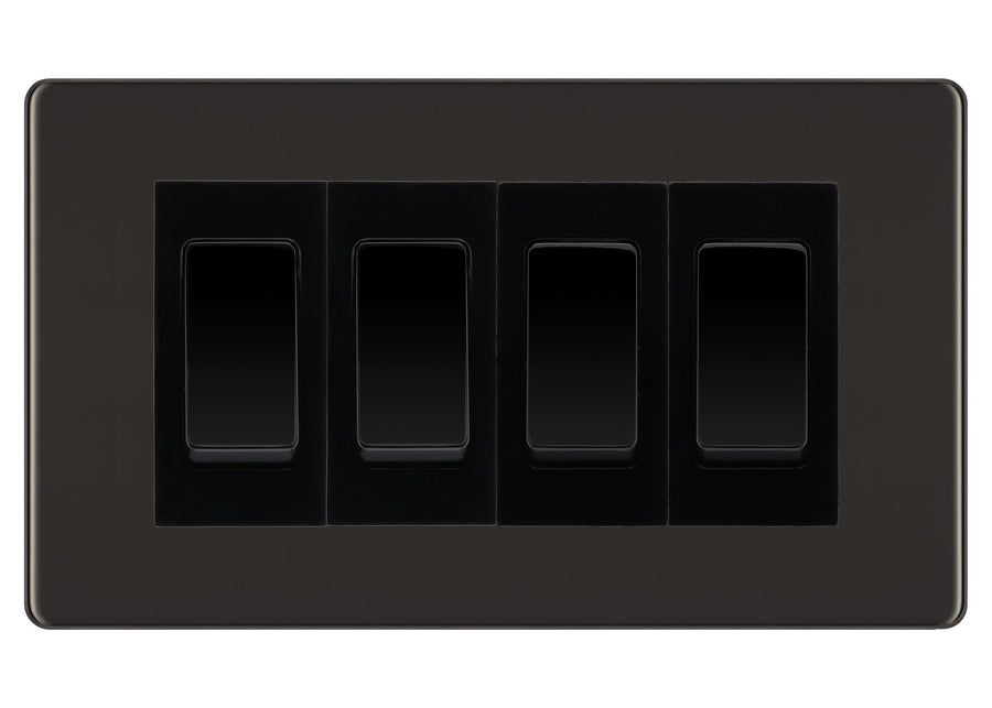 BG Screwless Black Nickel 4-Gang Light Switch 1x 2-Way + 3x Intermediate – Black Inserts
