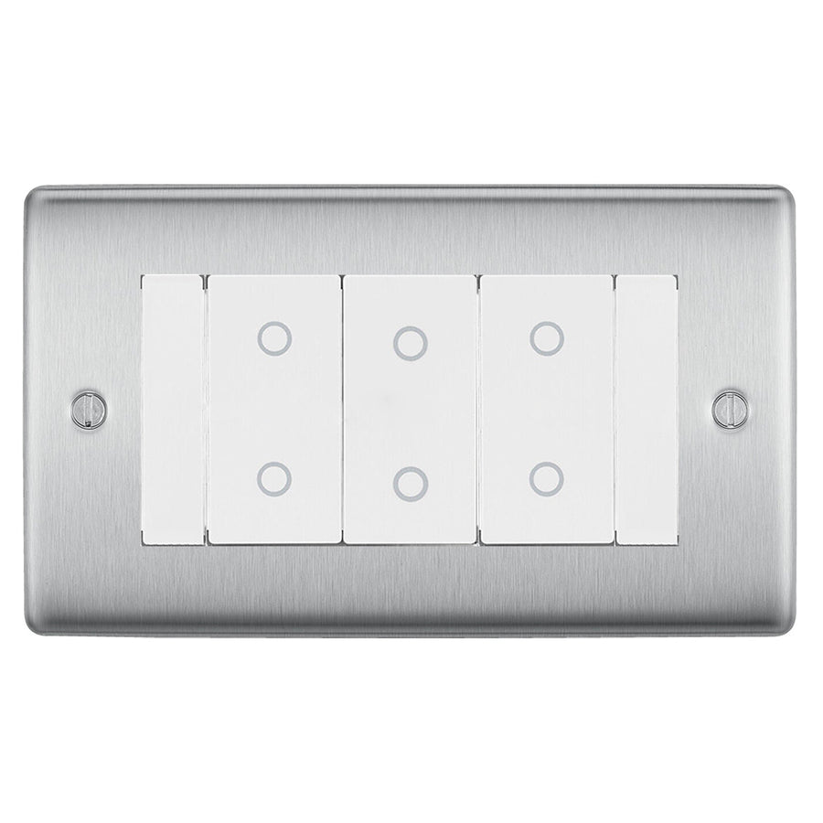 BG Nexus Brushed Steel Triple Secondary Touch Dimmer Switch White Inserts NBSTDS3W