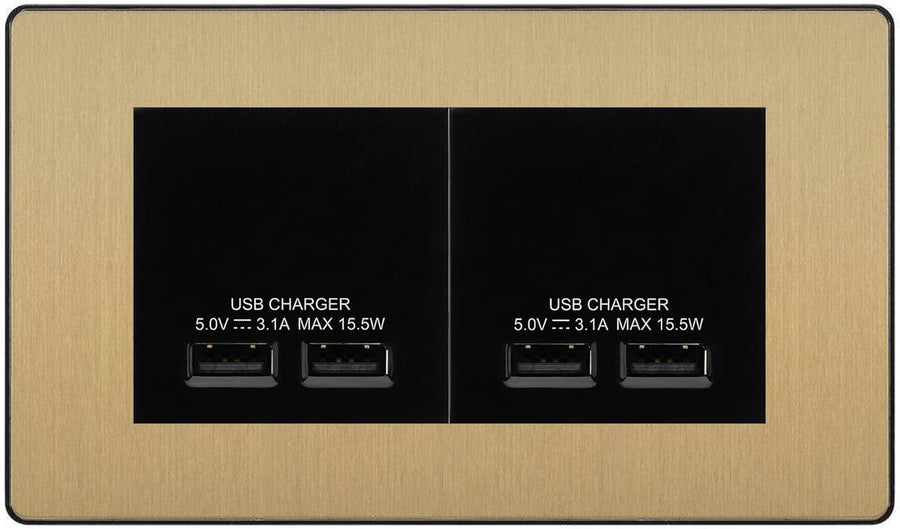 BG Evolve Satin Brass 4G Euro Plate with 2X USB-A Dual Chargers – Black Insert