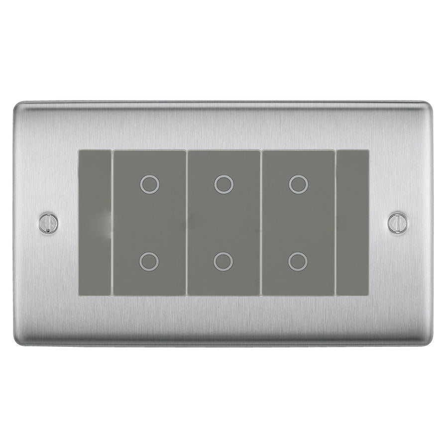 BG Nexus Brushed Steel Triple Secondary Touch Dimmer Switch Grey Inserts NBSTDS3G