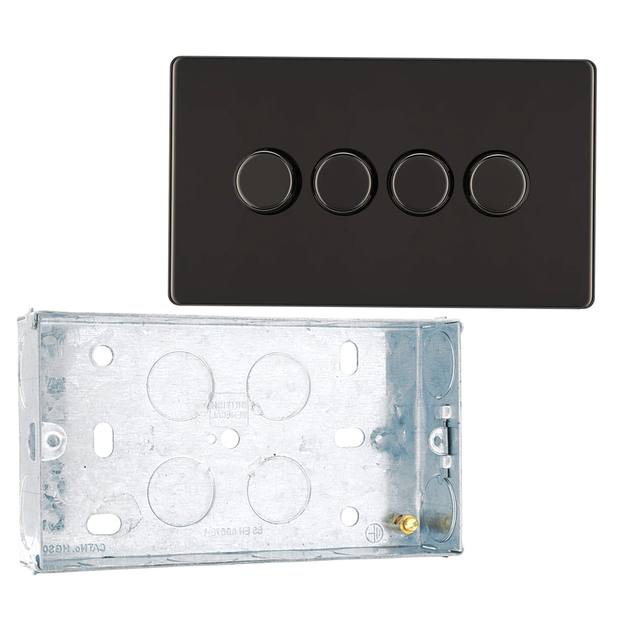 BG Screwless Black Nickel 200W 2 Way Quad Trailing Edge Dimmer Switch FBN84 with 25mm Steel Back Box