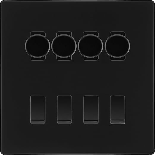 BG Screwless Matt Black 8 Gang Switch 4x Trailing Edge LED Dimmer, 2x Intermediate, 2x 2-Way Switch