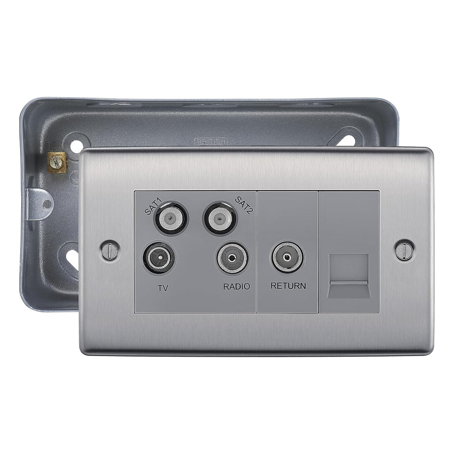 BG Nexus Brushed Steel Quadplex TV FM SAT (x2) Socket with Surface Pattress Back Box