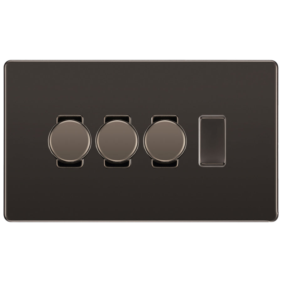 BG Black Nickel Screwless Flat Plate 4 Gang Light Switch 3x Trailing Edge LED Dimmer 1x 2 Way Custom Switch