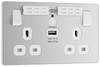 BG PCDBS22UWRW Brushed Steel Evolve 2 Gang 13A 1x USB-A 2.1A Wi-FI Extender Switched Socket Outlet - White Insert