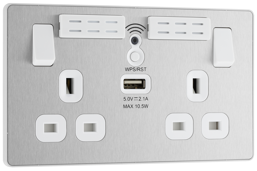 BG PCDBS22UWRW Brushed Steel Evolve 2 Gang 13A 1x USB-A 2.1A Wi-FI Extender Switched Socket Outlet - White Insert