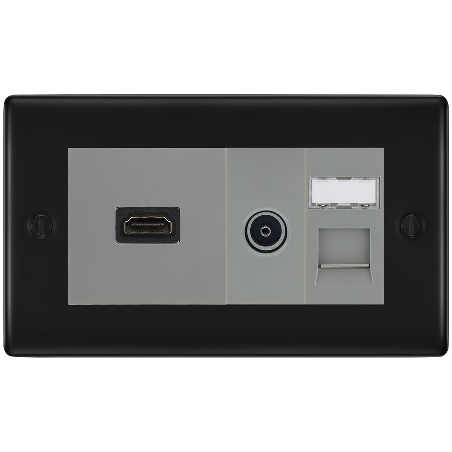 BG Nexus Matt Black Media Wall Plate TV Aerial, HDMI & CAT6 Outlet - Grey Insert