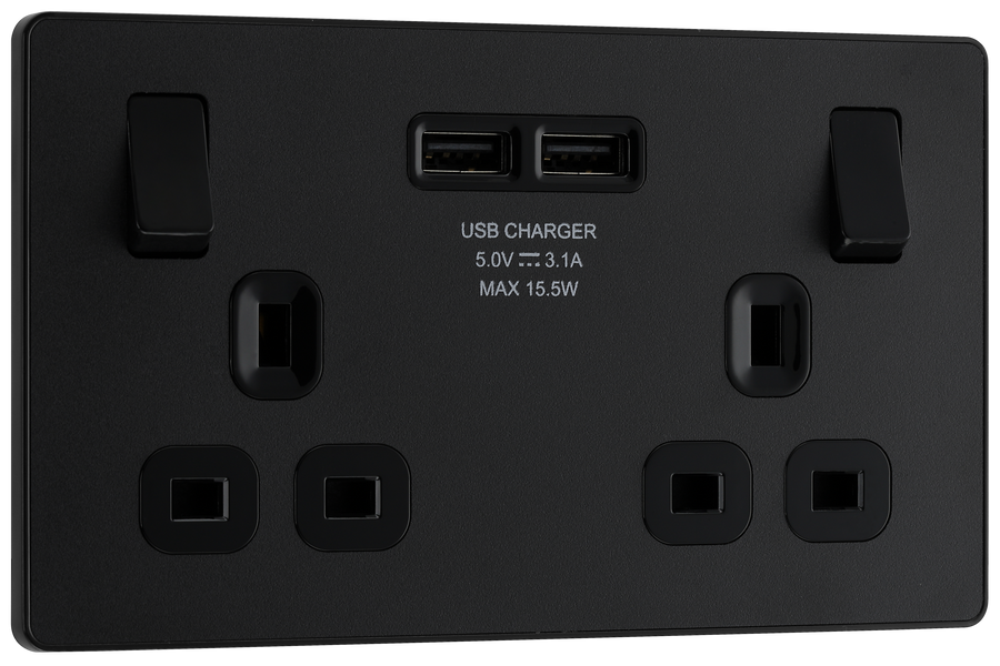 PCDMB22U3B Front - This Evolve Matt Black 13A double power socket from British General comes with two USB charging ports, allowing you to plug in an electrical device and charge mobile devices simultaneously without having to sacrifice a power socket. 