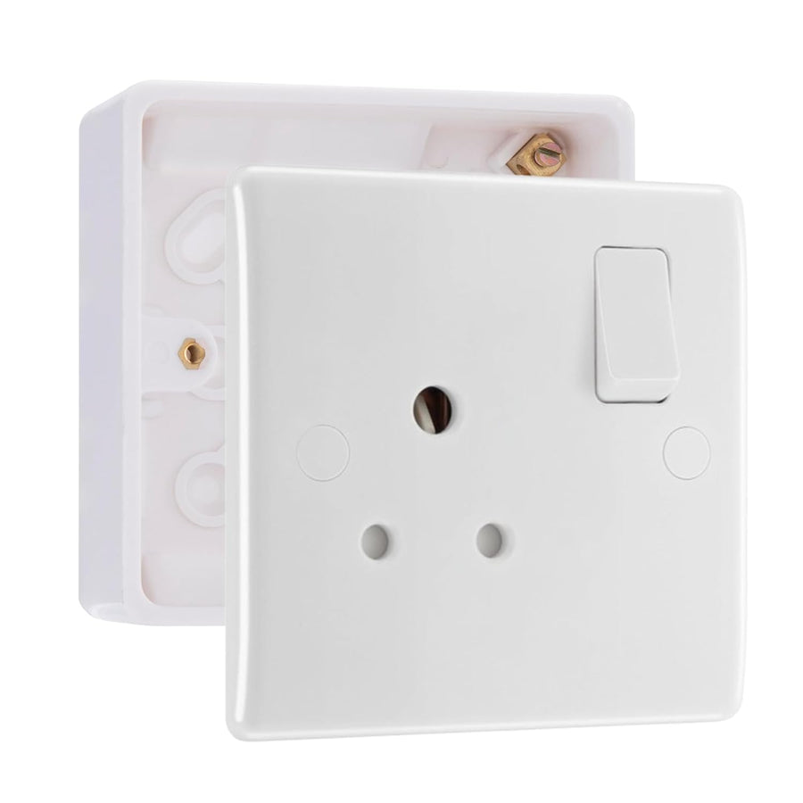BG Electrical 5A Switched Round Pin Socket White & 32mm Pattress Back Box