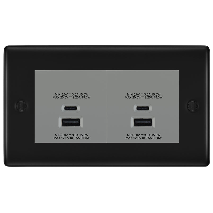 BG Nexus Matt Black 4G Faceplate with 45W USB A+C Charger Modules - Grey Insert