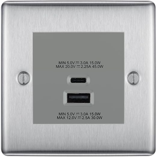 BG Nexus Brushed Steel 45W USB Wall Socket Euro Module USB-A & C - Grey Insert