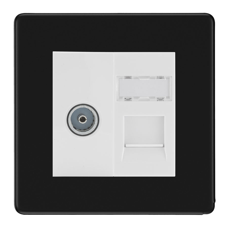 BG Screwless Matt Black TV Aerial & RJ45 CAT6 Data Socket - White Insert