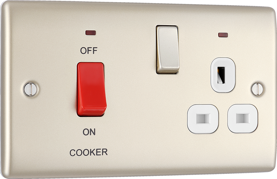  NPR70W Front - This 45A cooker control unit from British General includes a 13A socket for an additional appliance outlet, and has flush LED indicators above the socket and switch