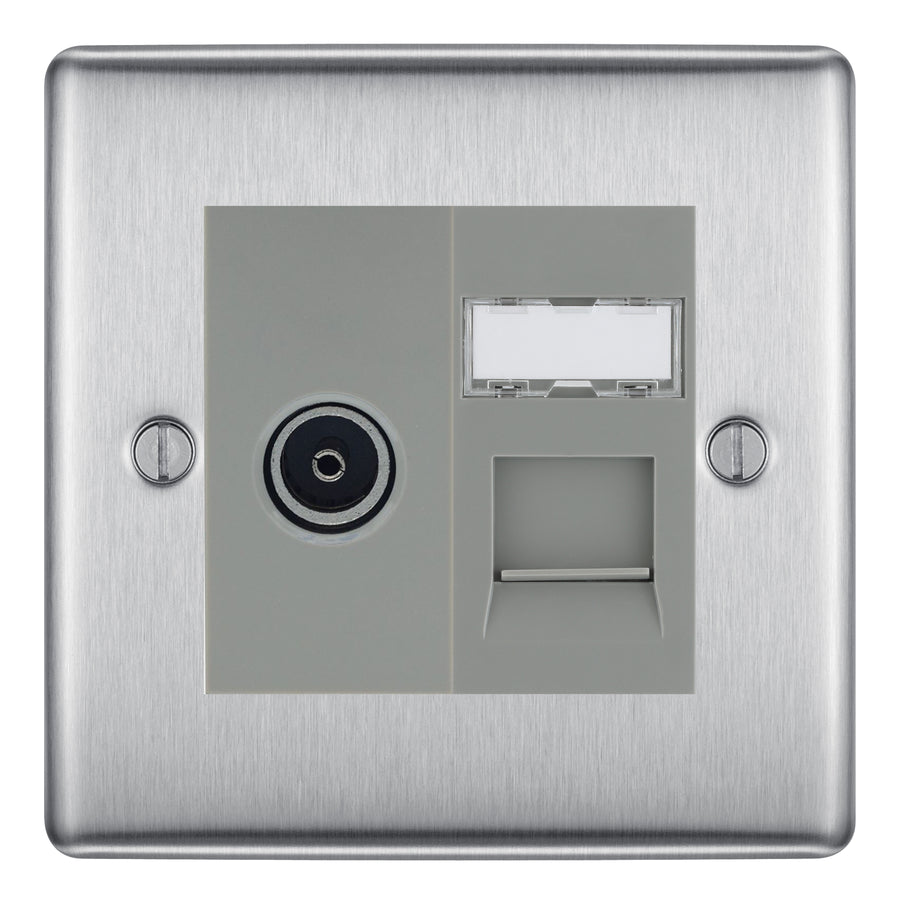BG Nexus Brushed Steel TV Aerial & RJ45 CAT6 Data Socket - Grey Insert