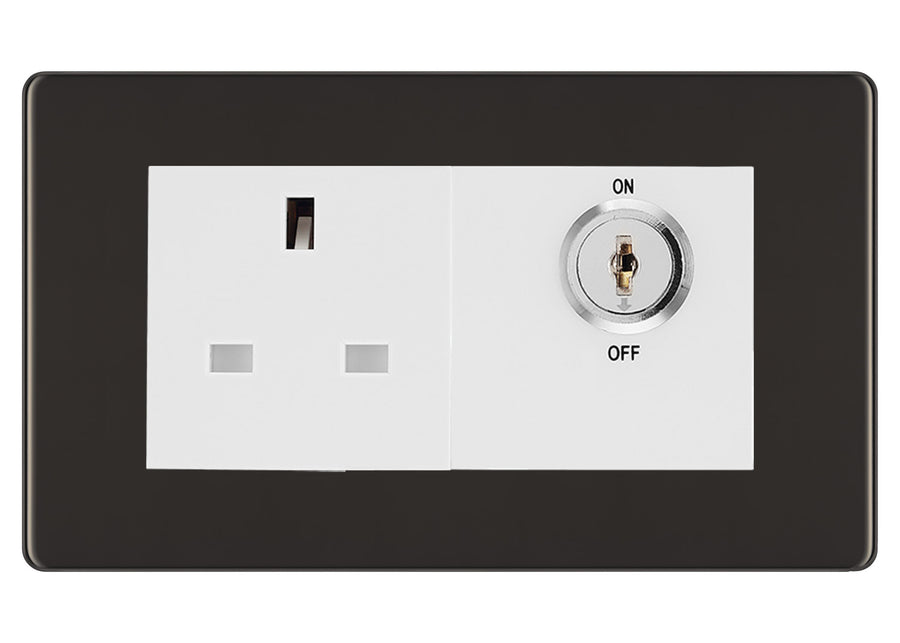 BG Screwless Black Nickel 13A Double Pole Key Controlled Socket – White Inserts