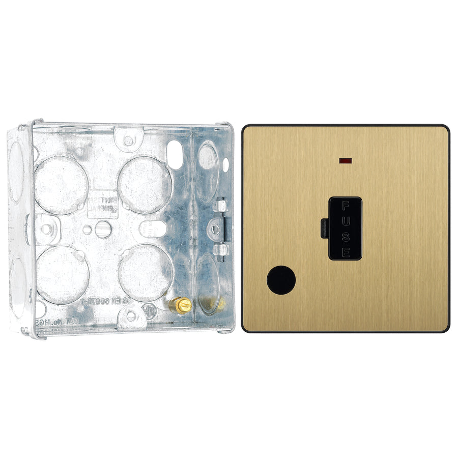 BG Evolve Satin Brass 13A Unswitched Spur with Neon and Flex Outlet PCDSB54B with 35mm Steel Back Box