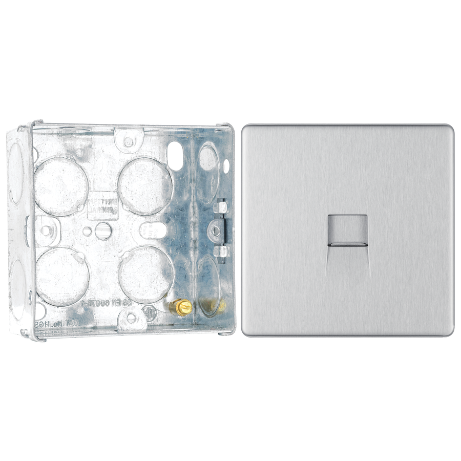 BG Screwless Brushed Steel Single Master Telephone Socket FBSBTM1 with 35mm Steel Back Box