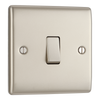 NPR13 Front - This pearl nickel finish 20A 16AX intermediate light switch from British General should be used as the middle switch when you need to operate one light from 3 different locations such as either end of a hallway and at the top of the stairs.