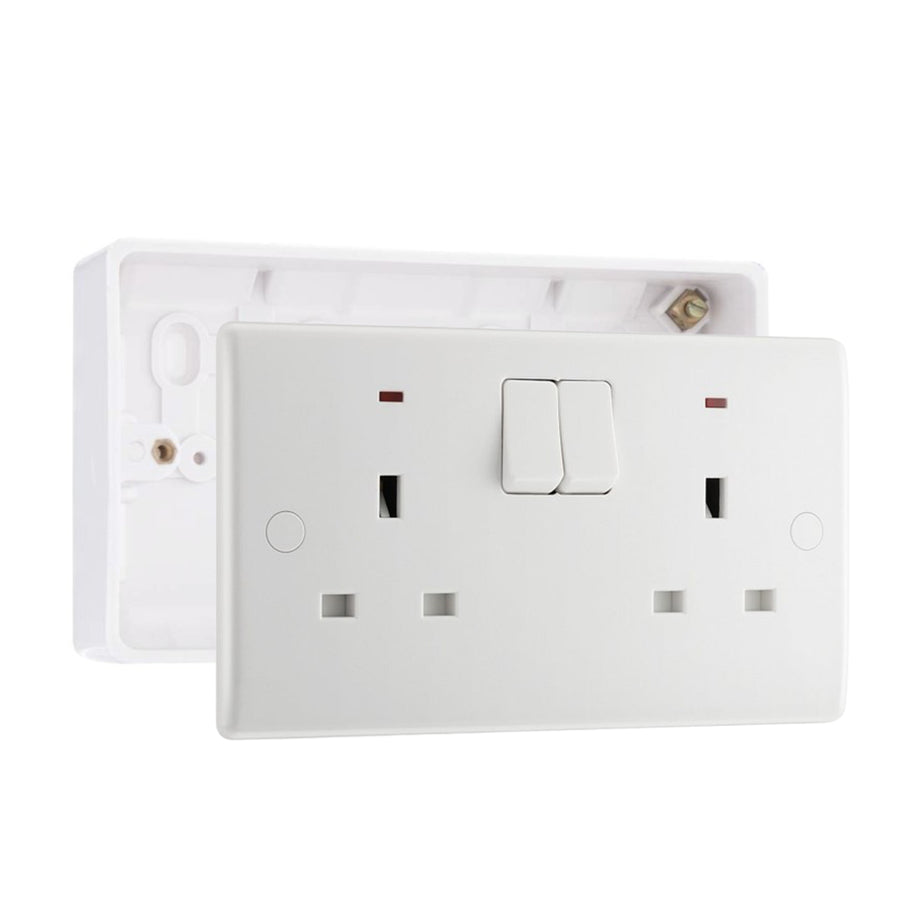BG Nexus 13A Double Switched Socket + Neon White & 32mm Pattress Back Box