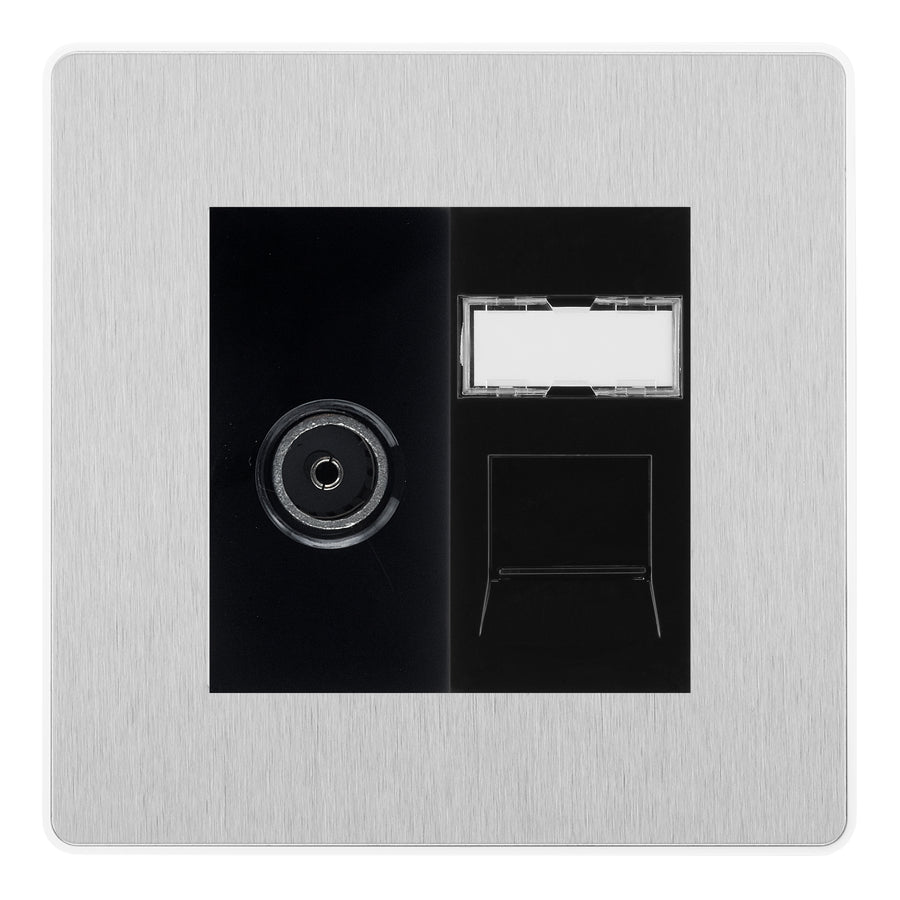 BG Evolve Brushed Steel TV Aerial & RJ45 CAT6 Data Socket - Black Insert