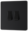 PCDMB42B Front - This Evolve Matt Black 20A 16AX double light switch from British General can operate 2 different lights, whilst the 2 way switching allows a second switch to be added to the circuit to operate the same light from another location (e.g. at the top and bottom of the stairs).