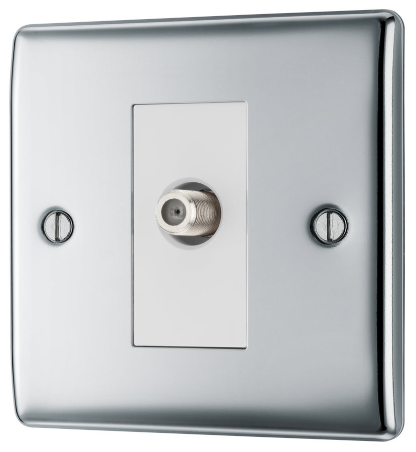 NPC64 Front - This satellite socket from Bri maximum signal quality. This socket has a premium polished tish General can be used to install satellite cables while maintainingchrome finish a sleek and slim profile and softly rounded edges to add a touch of luxury to your decor.