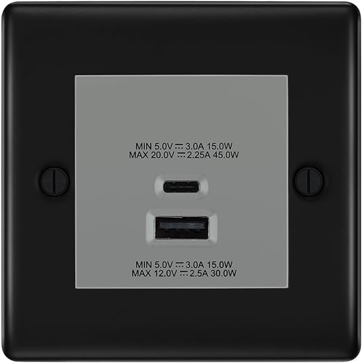 BG Nexus Matt Black 45W USB Wall Socket Euro Module USB-A & C - Grey Insert