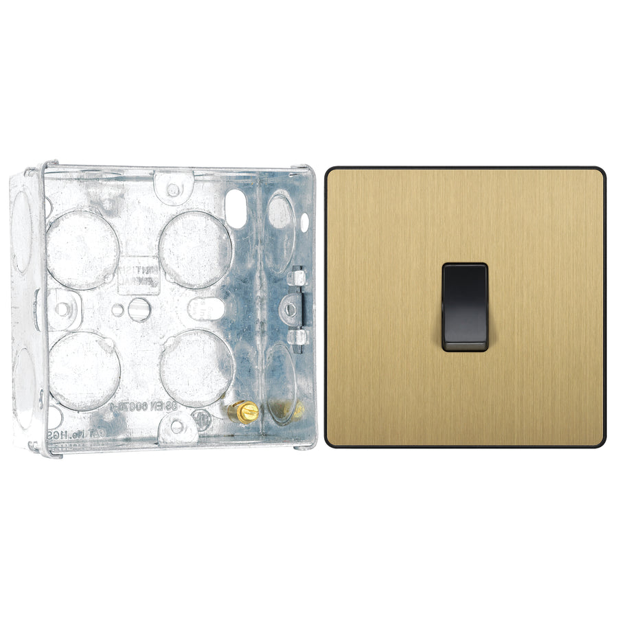 BG Evolve Satin Brass 1 Gang 20A 16AX 2 Way Light Switch PCDSB12B with 35mm Steel Back Box