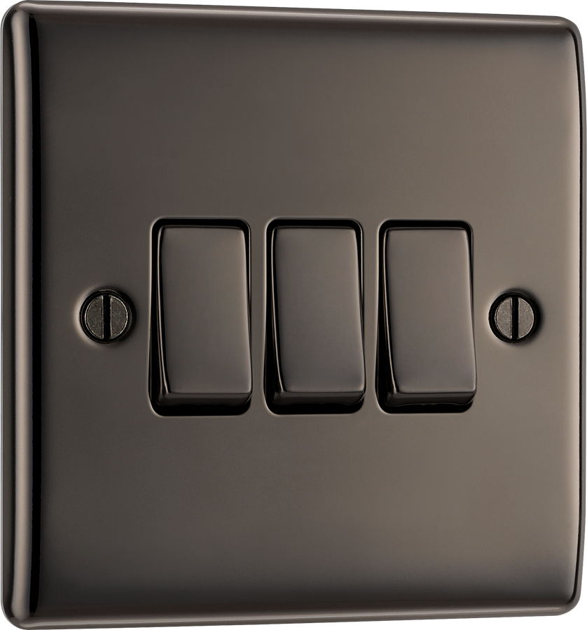 BG NBN43 Nexus Metal Black Nickel 3 Gang 10A 10AX 2 Way Plate Switch