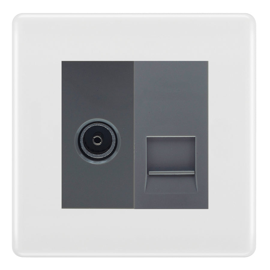 BG Nexus White Moulded TV Aerial & BT Telephone Outlet Plate — Screened + IDC - Grey