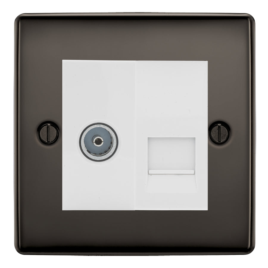 BG Nexus Black Nickel TV Aerial & BT Telephone Outlet Plate — Screened + IDC - White