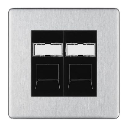 BG Screwless Brushed Steel 2 Gang RJ45 Socket FBSRJ452B Black Inserts