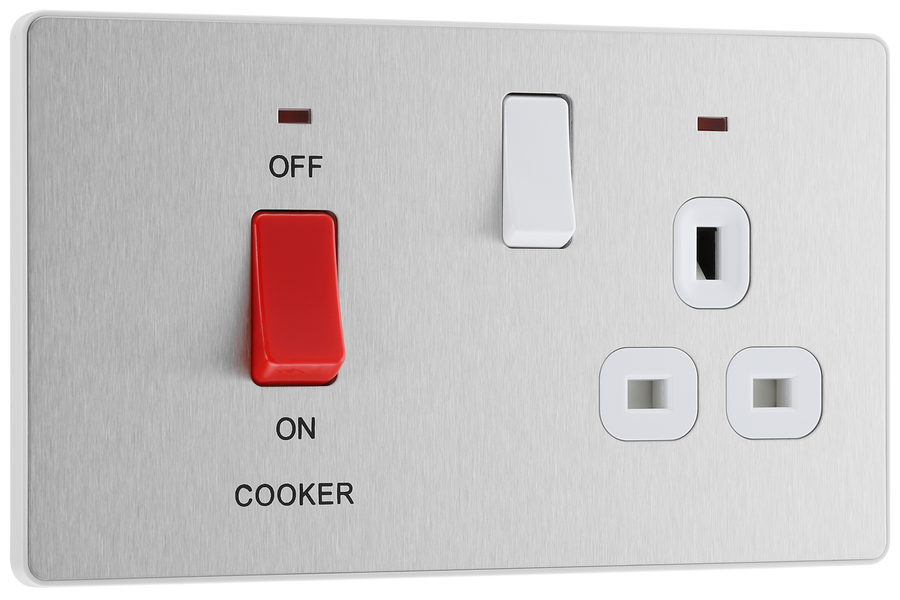 PCDBS70W Front - This Evolve Brushed Steel 45A cooker control unit from British General includes a 13A socket for an additional appliance outlet, and has flush LED indicators above the socket and switch.