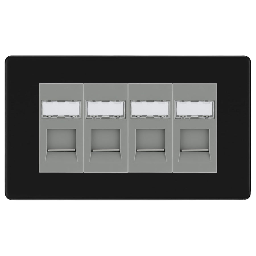BG Screwless Matt Black 4 Gang RJ45 Cat6 Data Socket Outlet Grey Inserts