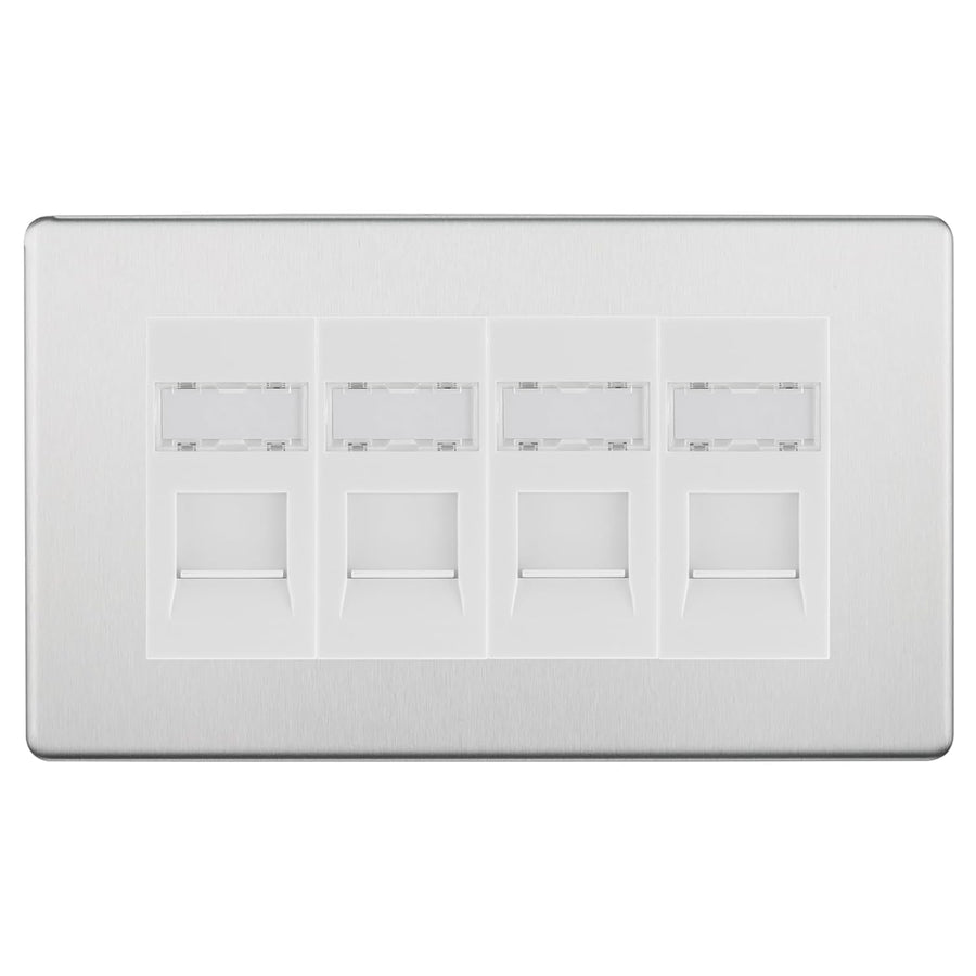 BG Screwless Brushed Steel 4 Gang RJ45 Cat6 Data Socket Outlet White Inserts