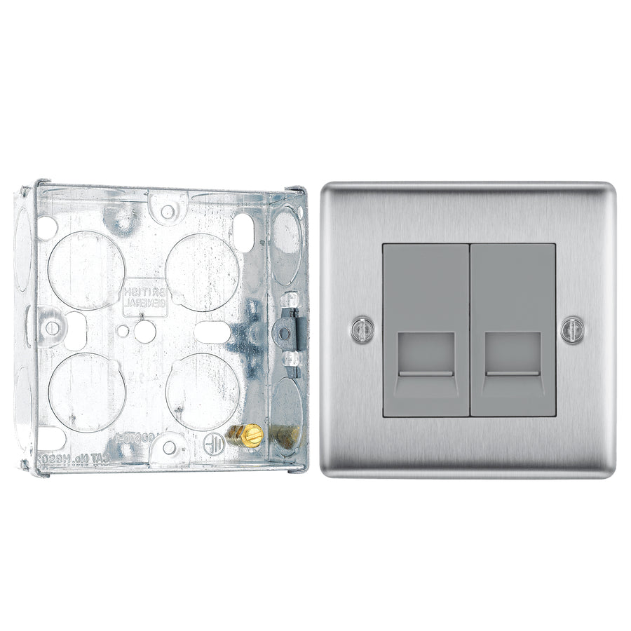 BG Nexus Brushed Steel 2 Gang RJ11 Double Data Outlet NBSRJ112 with 25mm Steel Back Box