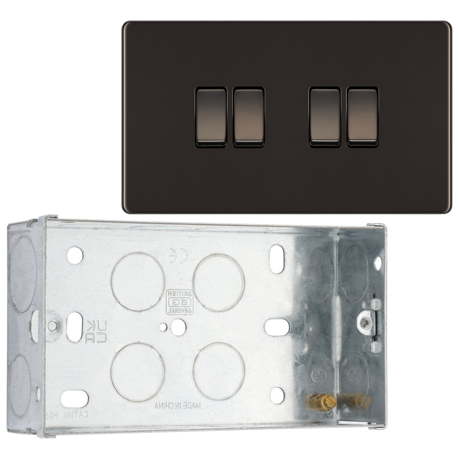 BG Screwless Black Nickel 20A 16AX 2 Way Quadruple Light Switch FBN44 with 35mm Steel Back Box