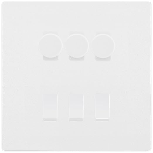 BG Evolve Pearlescent White 6 Gang Switch 3x Trailing Edge LED Dimmer 3x Intermediate Custom Grid Switch